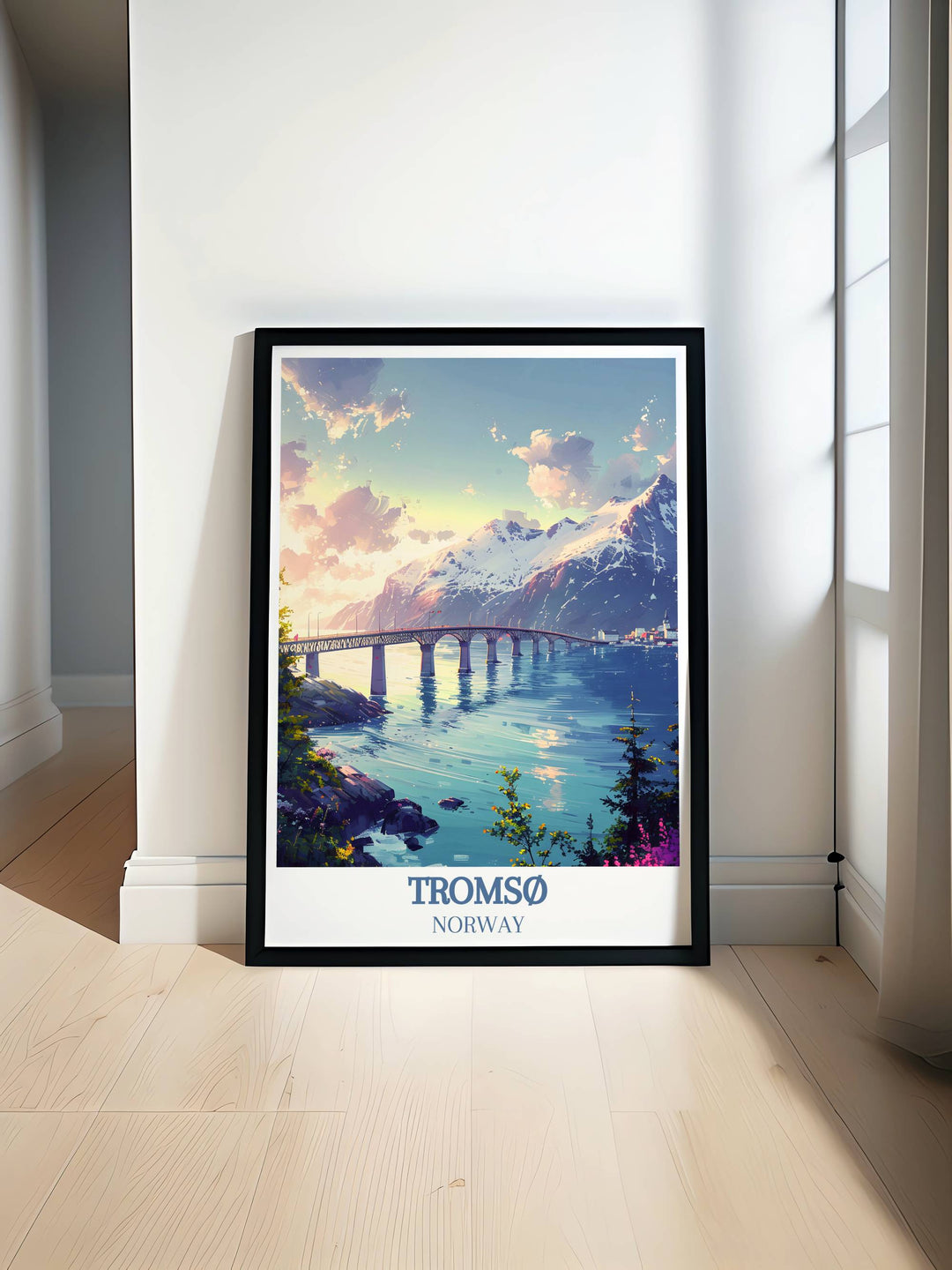 Travel poster of Tromsø Bridge in Norway, capturing the stunning architectural elegance and scenic beauty of the iconic structure. Perfect for adding a touch of Norwegian charm to your home decor.