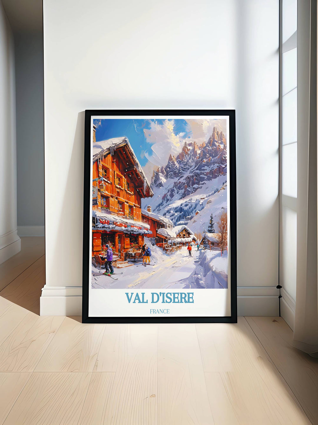 Travel poster of Val dIsère featuring stunning snow covered peaks and the vibrant village of Val dIsère Solaise. Perfect for enhancing home decor with the beauty of the French Alps.