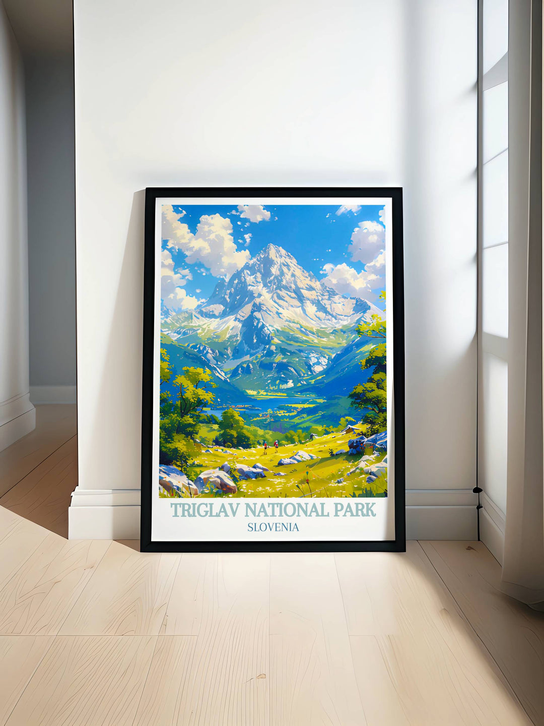 Stunning artwork of Triglav National Park showcasing Slovenias natural beauty, including Mount Triglav and Lake Bled. Perfect for nature enthusiasts and home decor.