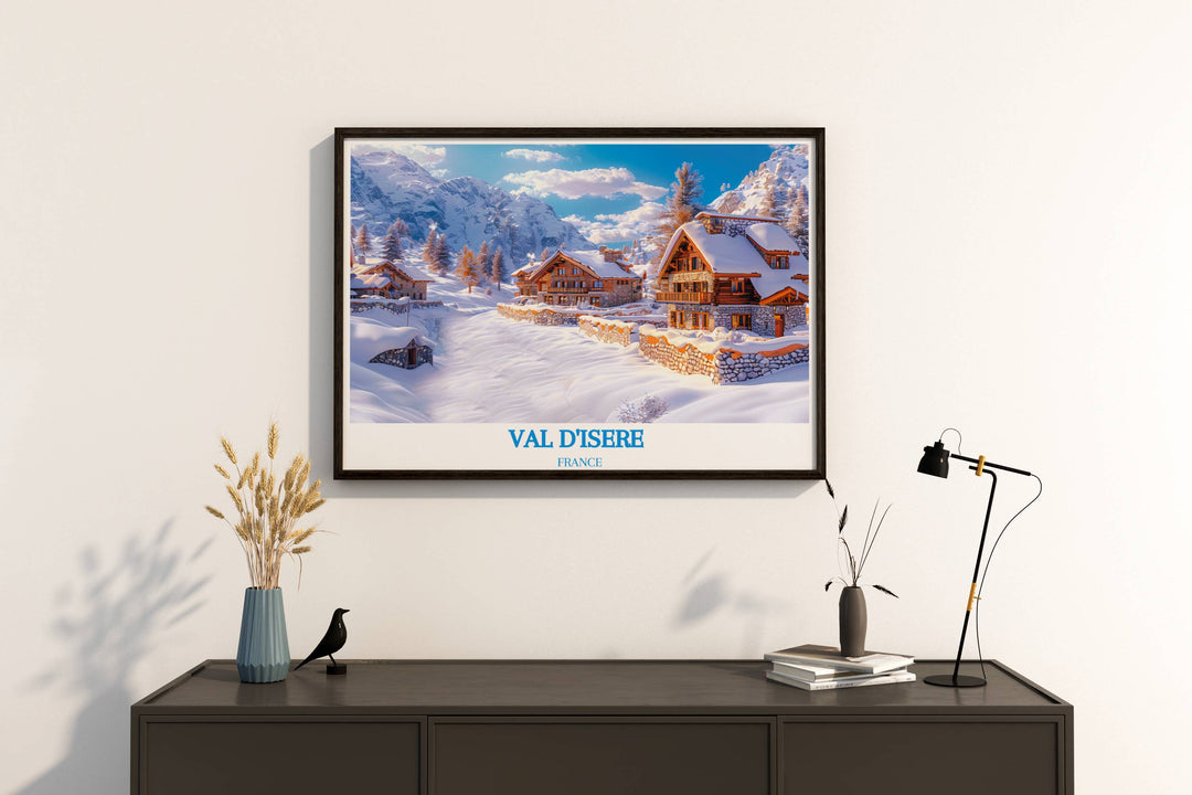 Retro travel poster of Val dIsère le Fornet, perfect for adding a classic winter charm to your decor. Showcases the resorts scenic beauty and inviting atmosphere.