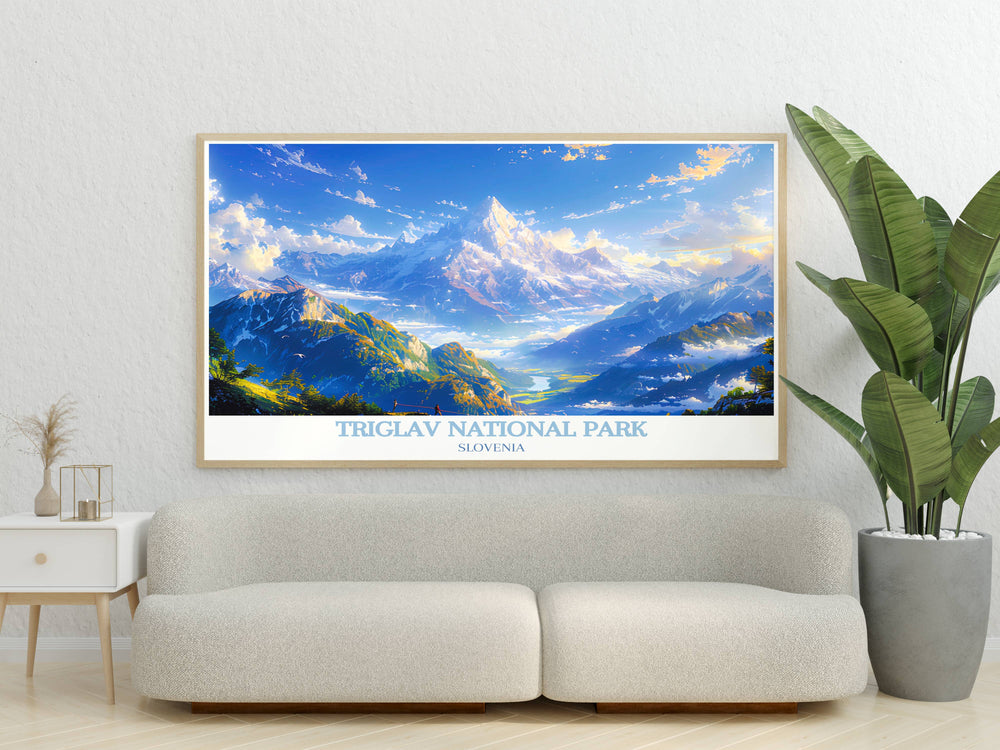 High quality print of Slovenias Triglav National Park, featuring detailed imagery of the parks rugged terrain and serene lakes, ideal for nature enthusiasts and art lovers.