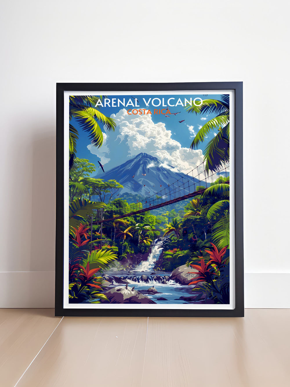The Arenal Hanging Bridges portrayed in wall art, with detailed imagery of the surrounding dense rainforest and vibrant wildlife.