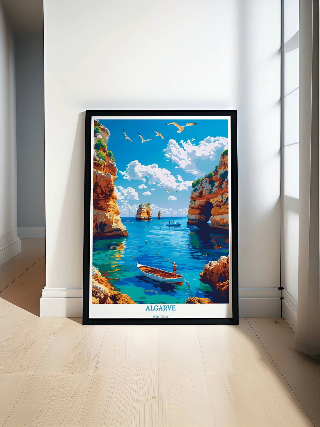Algarve Travel Poster showcasing the stunning Ponta da Piedade cliffs with vibrant blue waters, perfect for bringing a piece of Portugal into your home