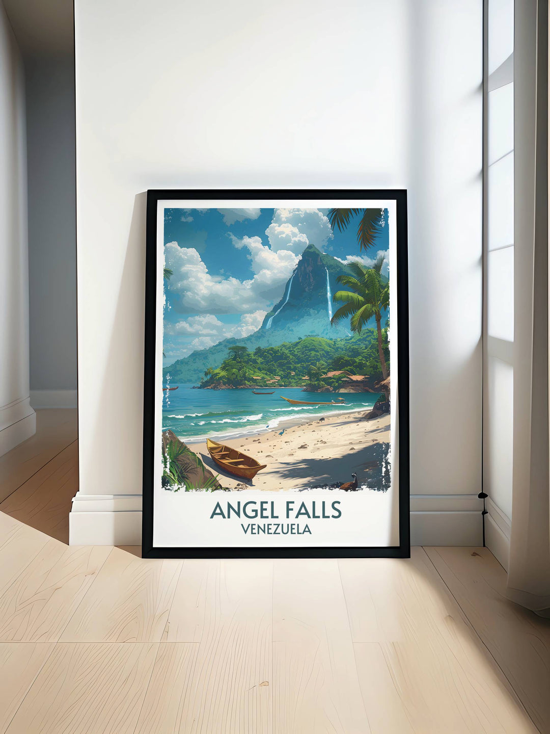 Artistic representation of Angel Falls Canaima National Park, showcasing the towering waterfall and surrounding rainforest in vivid color.