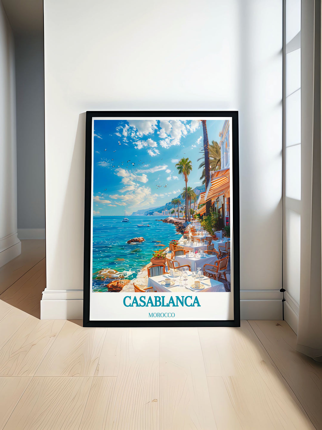 Vibrant art print of Casablanca showcasing the bustling city life and iconic Moroccan architecture, ideal for enhancing any global art collection.