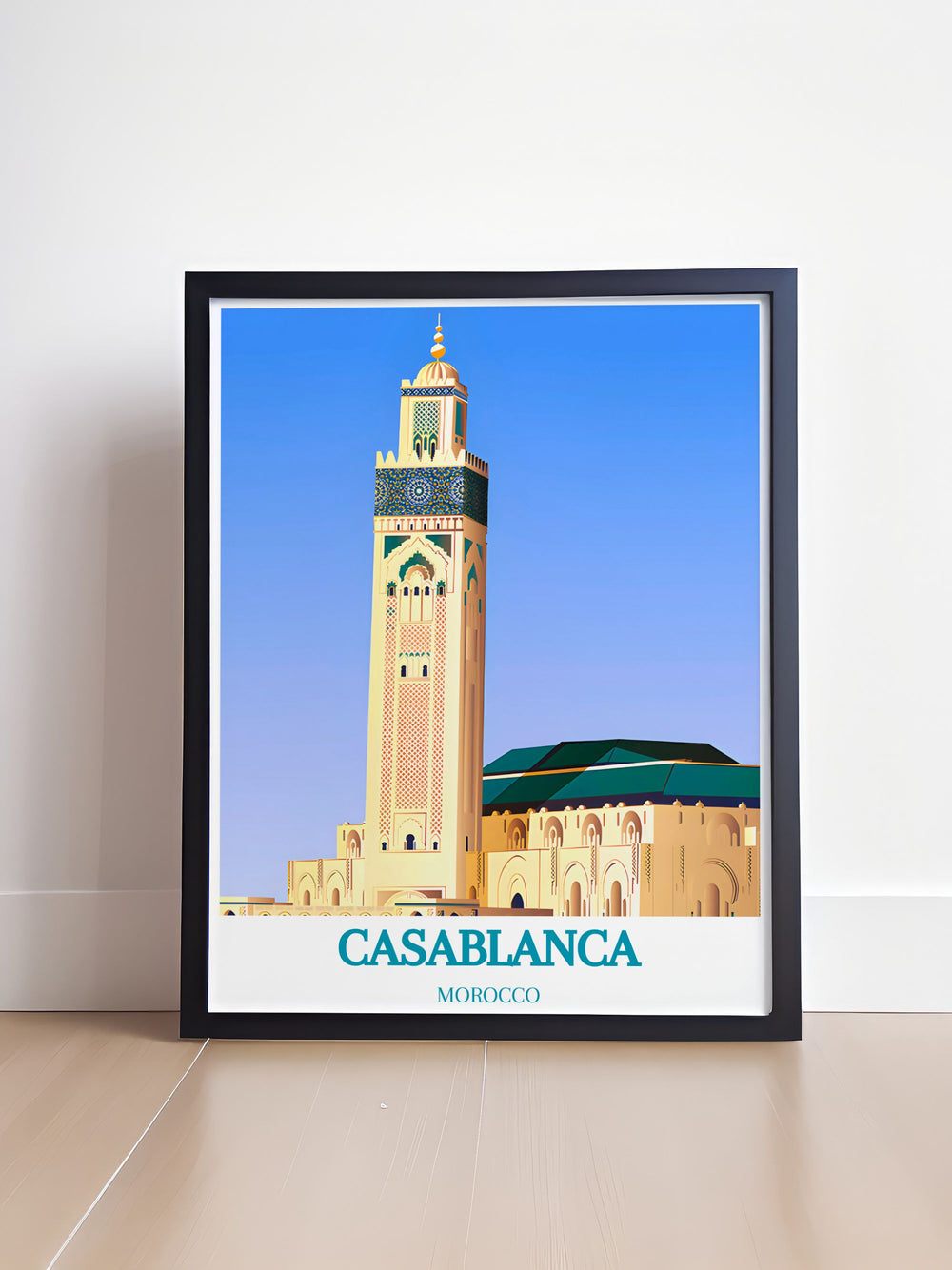 Majestic view of Casablanca’s Hassan II Mosque in a high-quality print, perfect for admirers of religious architecture and Moroccan art.