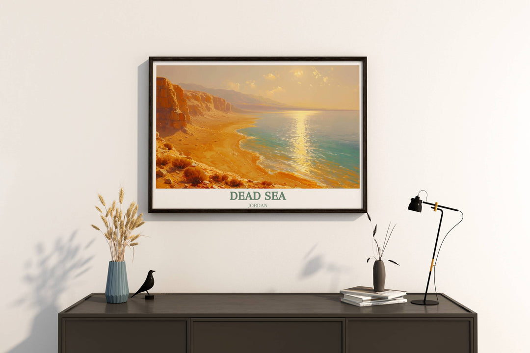 A captivating poster of the Dead Sea with a view towards Jordan, illustrating the serene and timeless beauty of this famous Middle East location.
