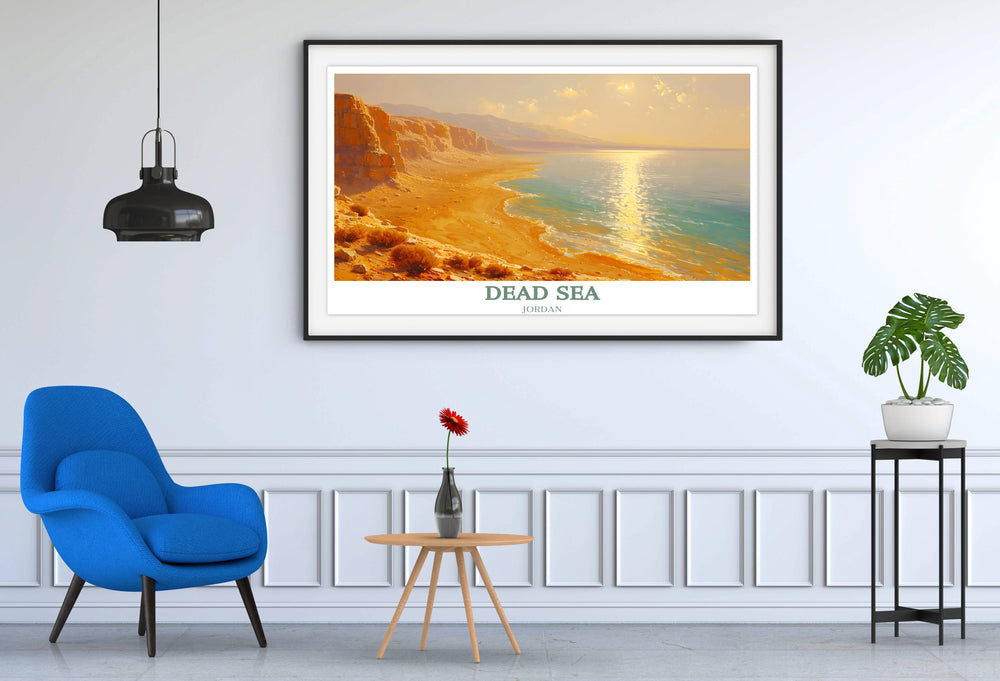 A panoramic Dead Sea poster capturing the tranquil beauty of the lowest point on earth, nestled between Israel and Jordan, perfect as a Middle East travel memento.