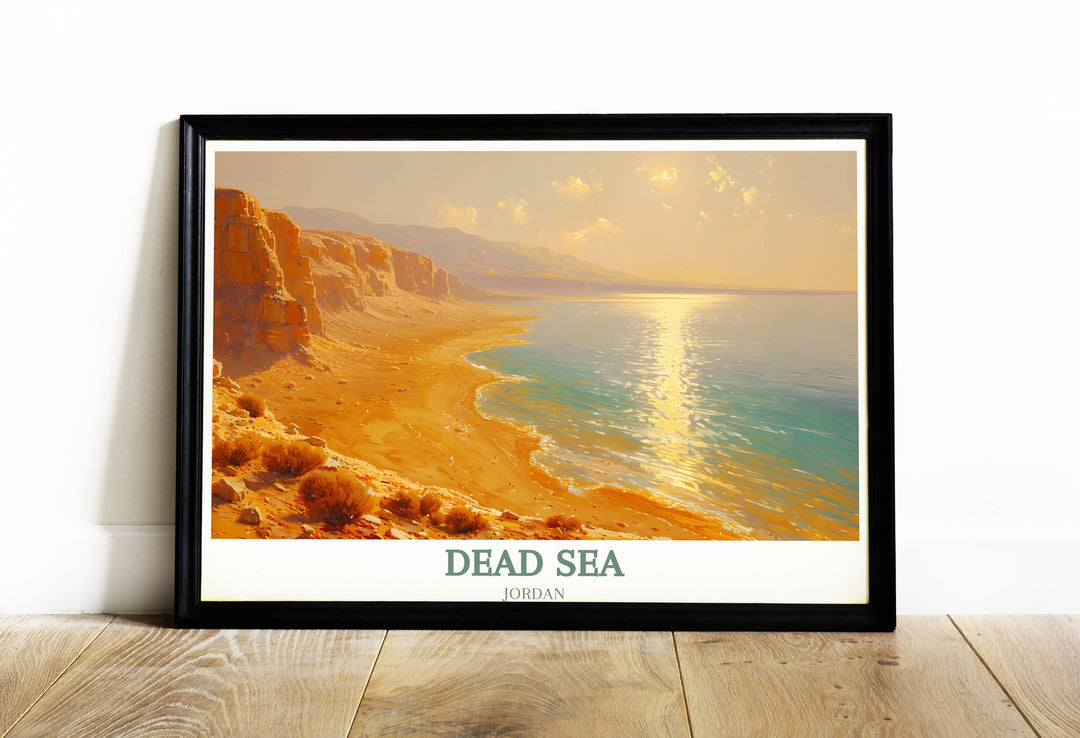 A vibrant travel print of the Dead Sea featuring the serene waters and salt formations typical of this Israel landscape, ideal for a house warming gift or decorative piece.