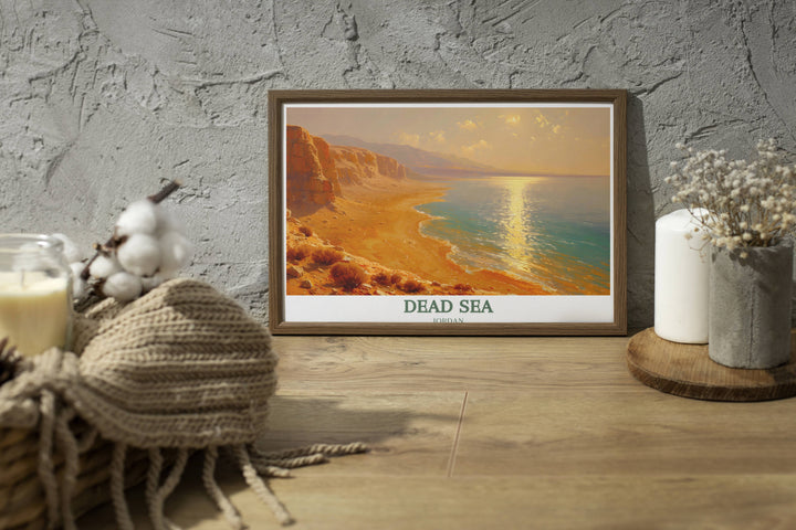 A stunning landscape print of the Dead Sea, displaying its calm waters bordered by rugged cliffs of Jordan, a fitting tribute to Middle East beauty.