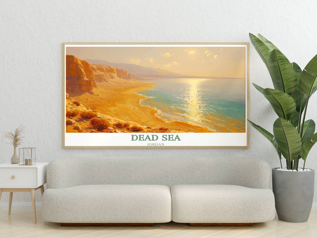 A decorative travel poster of the Dead Sea, illustrating the iconic salt deposits and serene environment, ideal for those who appreciate Middle East landscapes.