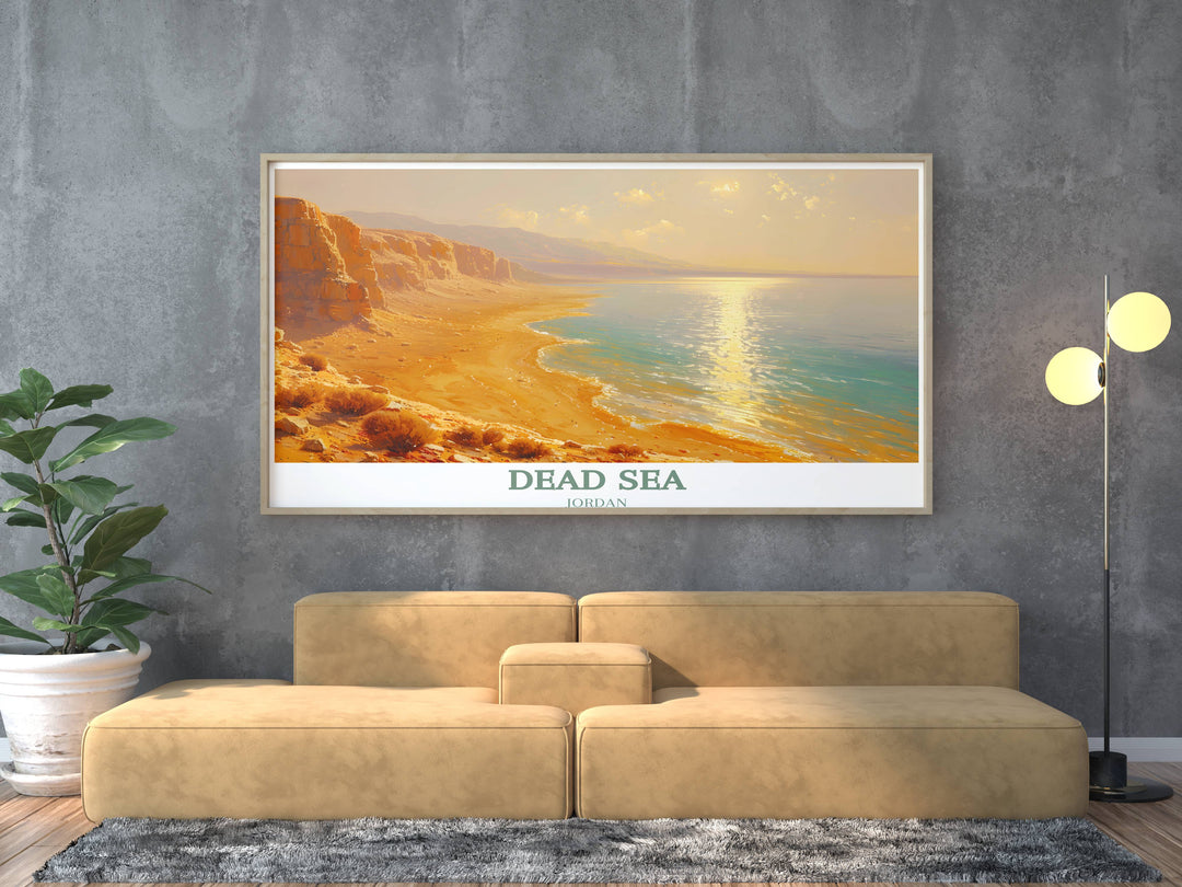 A travel-inspired print of the Dead Sea, emphasizing the striking contrast between the deep blue waters and white salt formations, a unique house warming gift.