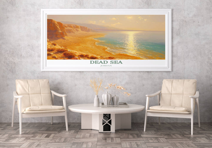 An evocative Dead Sea landscape poster highlighting the peaceful scenery and Jordanian coastline, perfect for anyone who loves Middle East travel scenes.