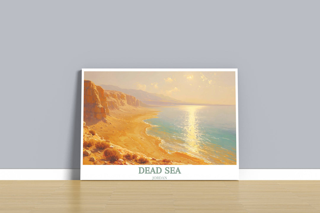 An artistic rendering of the Dead Sea in a travel print style, showcasing the unique mineral-rich waters and mud, a great house warming gift for enthusiasts of Israel landscapes.