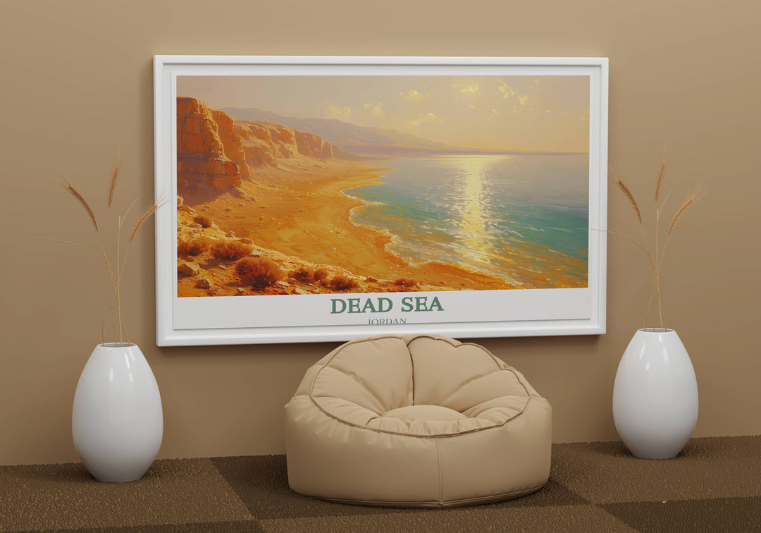 A beautifully detailed travel print of the Dead Sea, featuring its famous salt formations against the backdrop of Israel’s mountains, a thoughtful house warming gift.