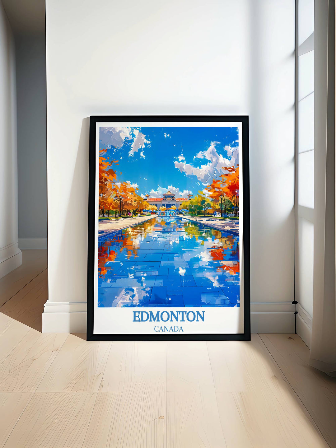 dmonton City Poster Print featuring the vibrant downtown skyline at sunset, available at MapYourDreams, perfect for adding a touch of urban elegance to any room.