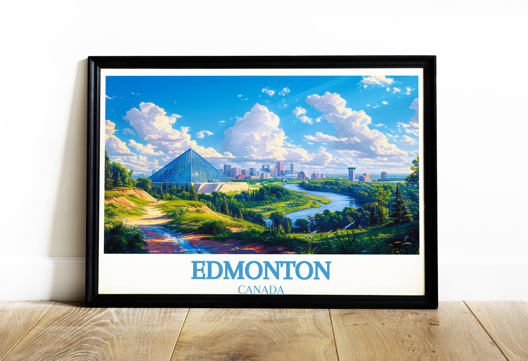 Depicting a snowy downtown Edmonton scene, this whimsical art print brings a serene and festive atmosphere to winter decor, making it a delightful addition to holiday decorations or as a thoughtful gift, capturing the city's beauty in the chill of winter.
