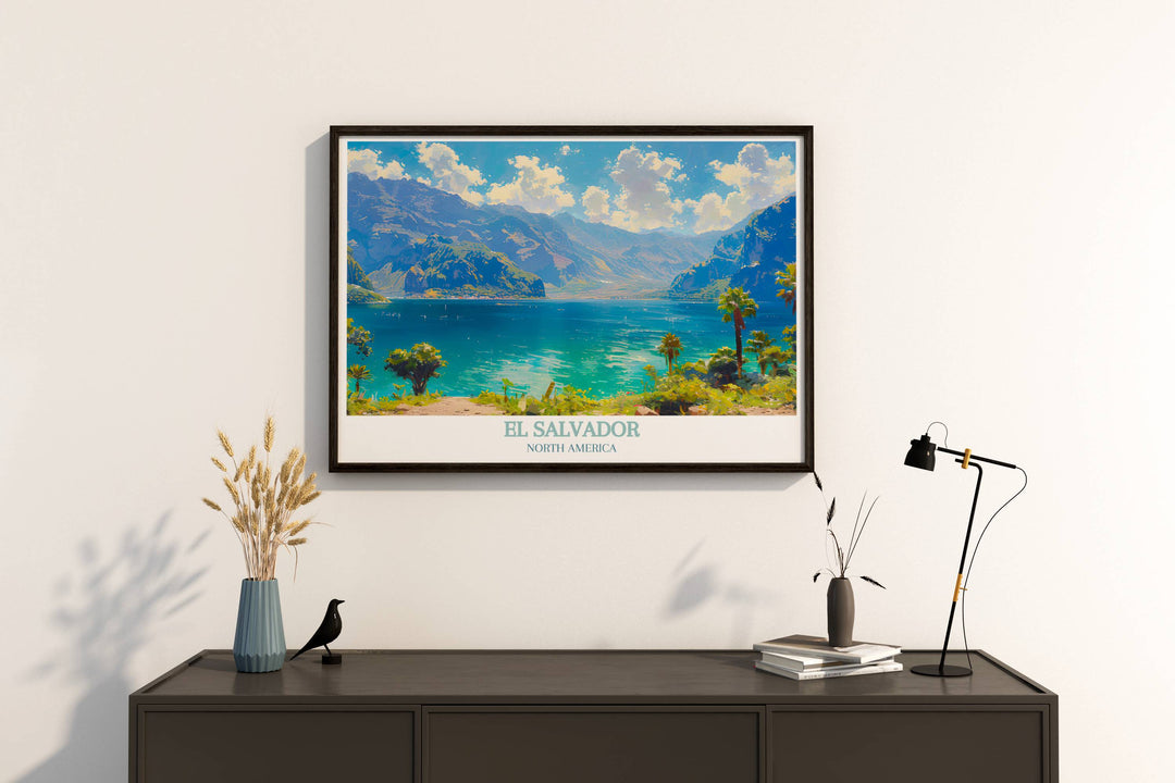  Detailed artistic rendering of Lake Coatepeque showing the calm blue waters and surrounding green hills under a clear sky.