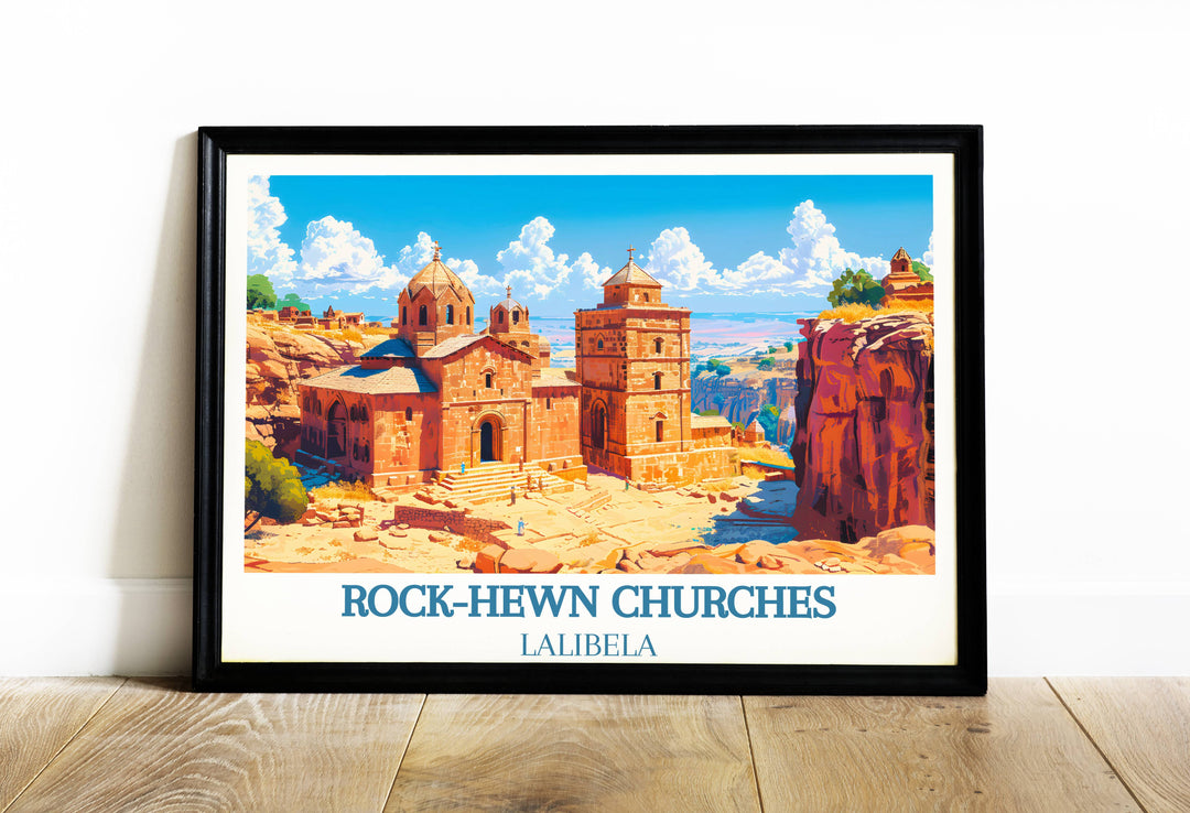 Majestic Ethiopia Poster featuring the iconic Rock-Hewn Churches of Lalibela, perfect for history enthusiasts and art collectors alike.