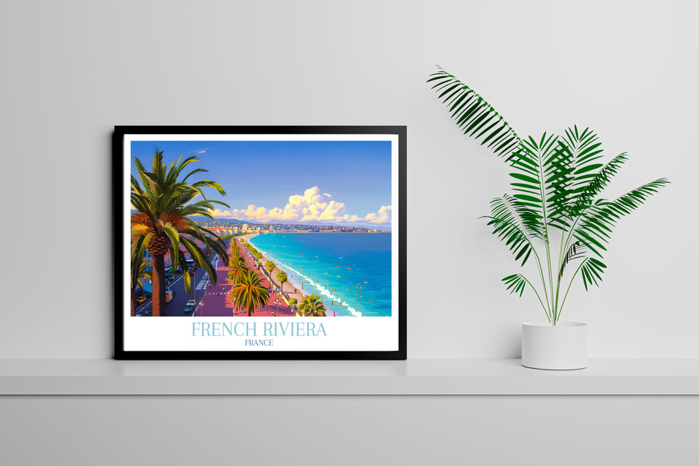 Detailed artwork featuring the historic Promenade des Anglais with visitors walking along the palm lined shore against a backdrop of the azure Mediterranean Sea
