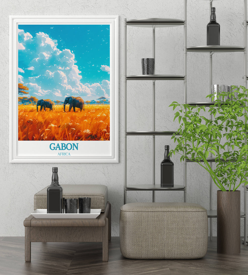 Detailed Gabon art print combining the wild allure of Loango National Park with the pristine landscapes of Lopé National Park Print.