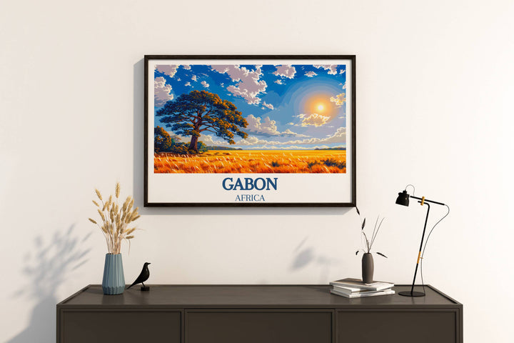 The Gabon Wall Art selection offers a glimpse into Loango National Park's diverse environments and Lopé National Park's tranquil beauty.