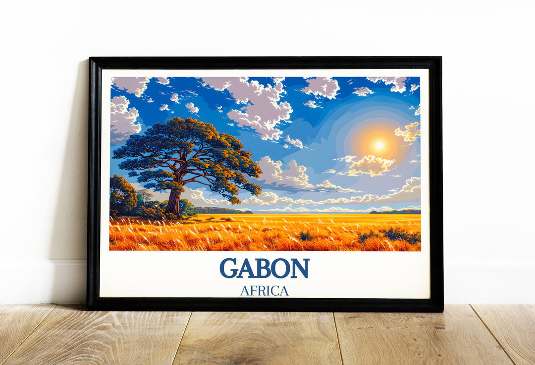 Gabon Art Print brings Loango National Park's dense forests and Lopé National Park's wildlife into your home with vibrant clarity.