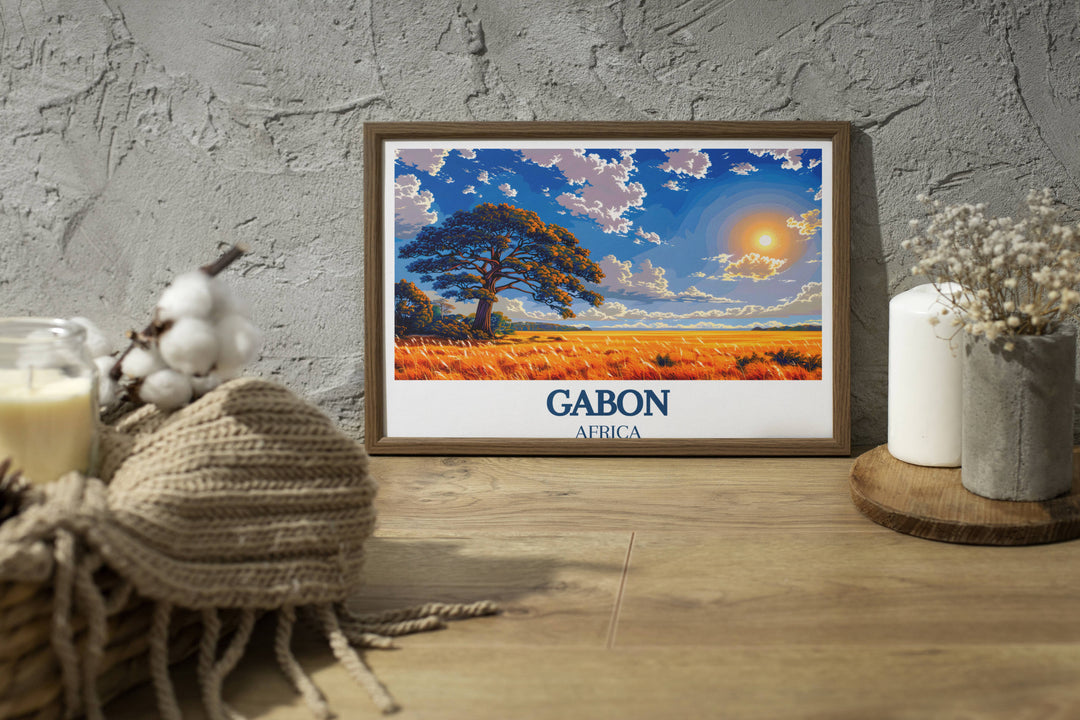 Captivating Gabon Wall Art showcases the serene beauty of Loango National Park beside the rich biodiversity of Lopé National Park Print.