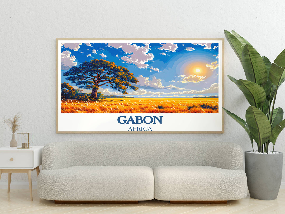 This Gabon Decor piece combines the untouched landscapes of Loango National Park with the picturesque scenes of Lopé National Park Print.