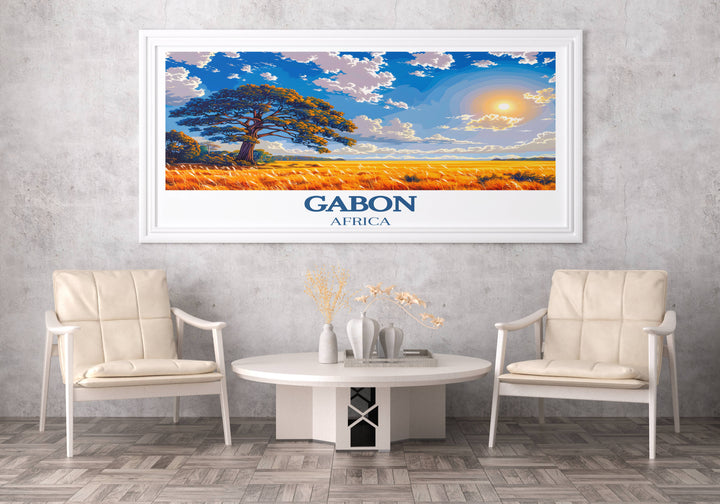 Detailed Gabon Photo captures the majestic wilderness of Loango National Park and the serene landscapes of Lopé National Park Print.