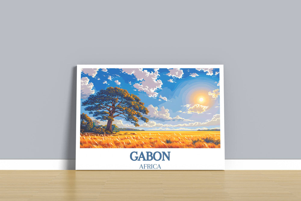 Artistic Gabon Poster features the unique ecosystems of Loango National Park alongside the natural splendor of Lopé National Park Print.