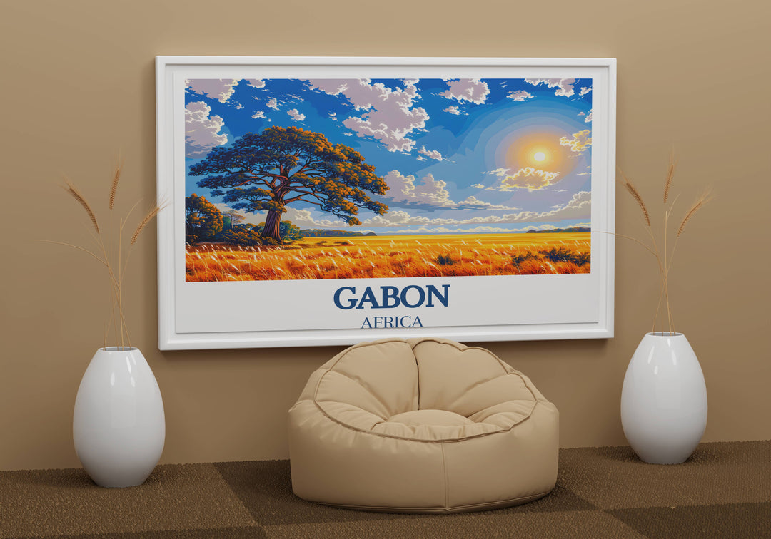 The Gabon Artwork collection highlights the cultural richness of Loango National Park and the historical beauty of Lopé National Park Print.