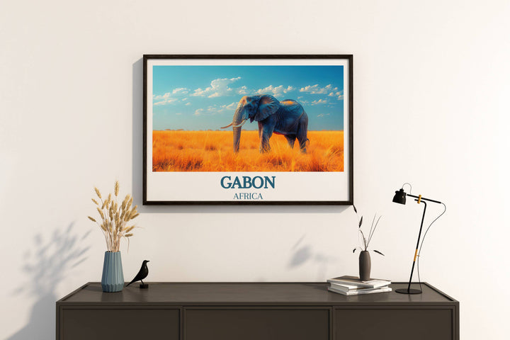 Immerse yourself in the natural splendor of Gabon with this wall art of Loango National Park and Lopé National Park, a tribute to Africa's enchanting landscapes.