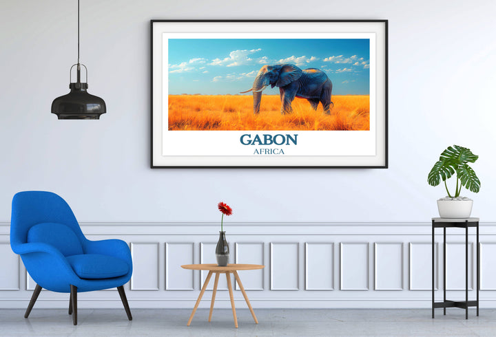The serene and wild beauty of Gabon's Loango National Park and Lopé National Park Print is captured in this artwork, perfect for nature lovers and explorers.