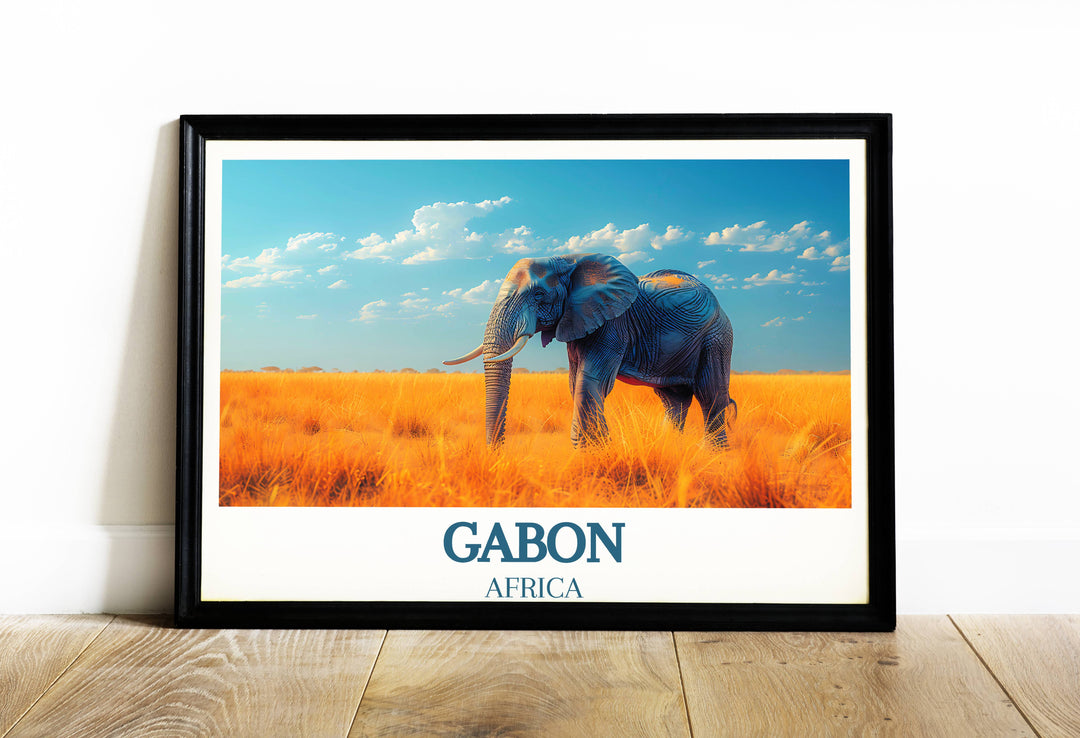 Explore Gabon's Loango National Park and Lopé National Park through vibrant art prints, capturing the essence of Africa's diverse ecosystems and wildlife.
