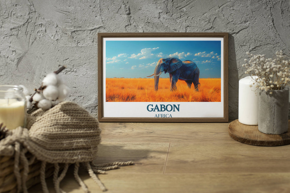 Gabon Art Print featuring a breathtaking scene from Loango National Park and the tranquil beauty of Lopé National Park, blending nature with artistic flair.
