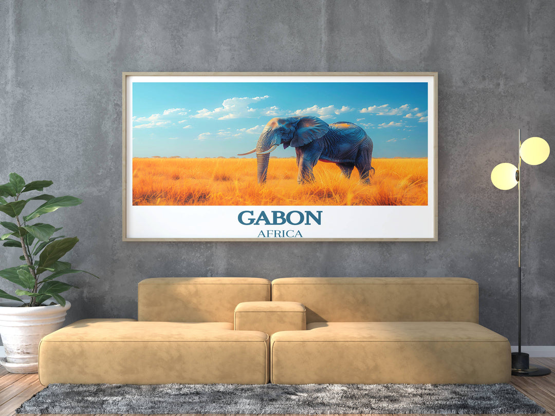 This Gabon Travel Poster combines the adventurous allure of Loango National Park with the serene landscapes of Lopé National Park, inspiring exploration.