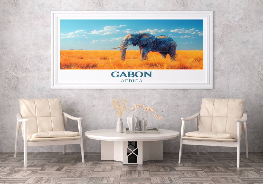 Elegant Gabon Decor showcases the vibrant biodiversity of Loango National Park alongside the picturesque views of Lopé National Park Print.