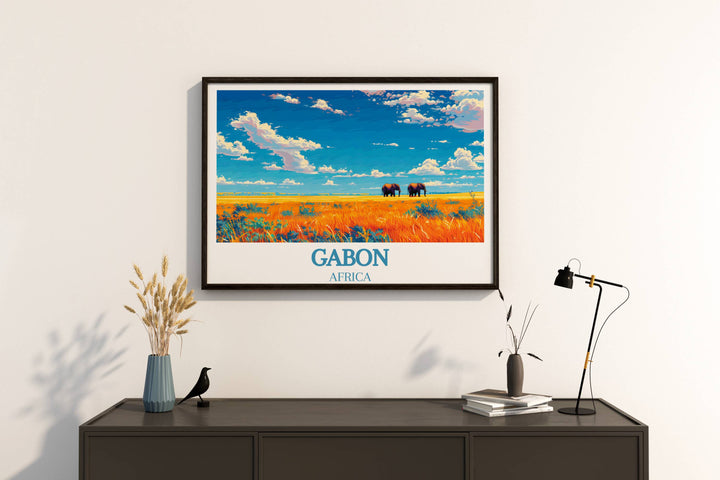 Gabon Artwork featuring a harmonious blend of Loango National Park's dense forest and Lopé National Park's vibrant wildlife, symbolizing nature's balance.