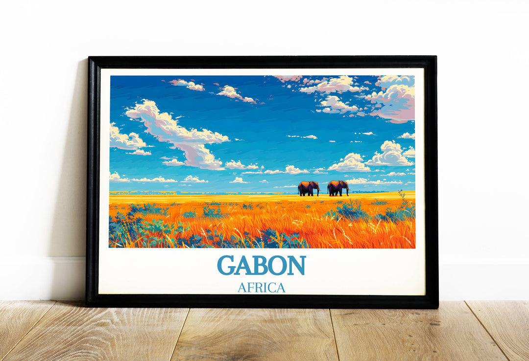 Stunning Gabon Art Print inviting viewers on a virtual journey through Loango National Park's lush jungles and Lopé National Park's wildlife-rich terrains.