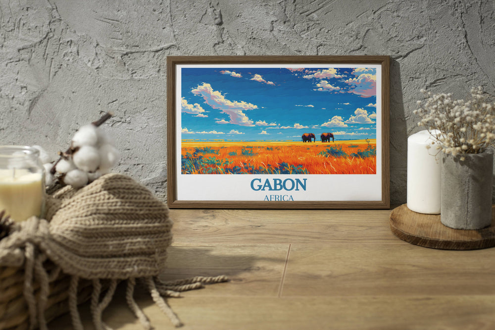 Captivating Gabon Wall Art featuring a serene sunrise over Loango National Park paired with the diverse ecosystem of Lopé National Park Print.