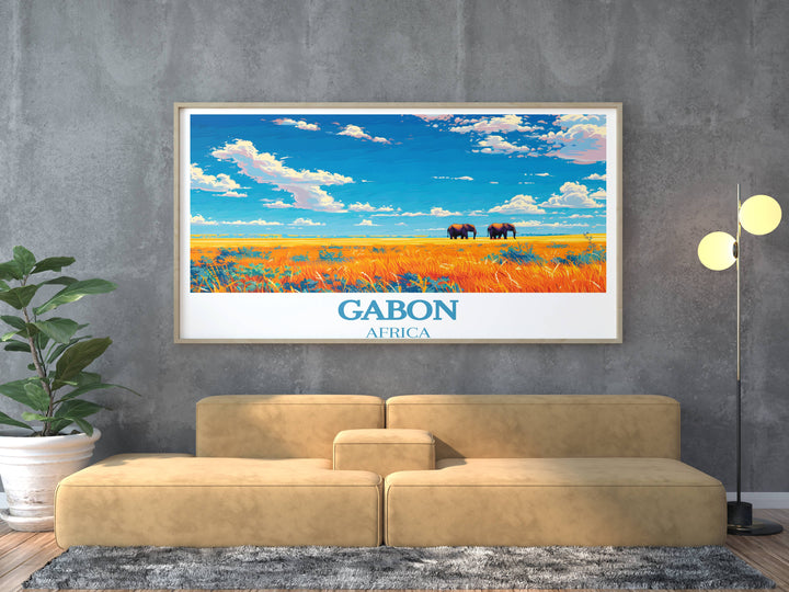 Artistic Gabon Travel Poster drawing the eye into the heart of Africa with iconic views of Loango National Park and intimate wildlife scenes from Lopé National Park.