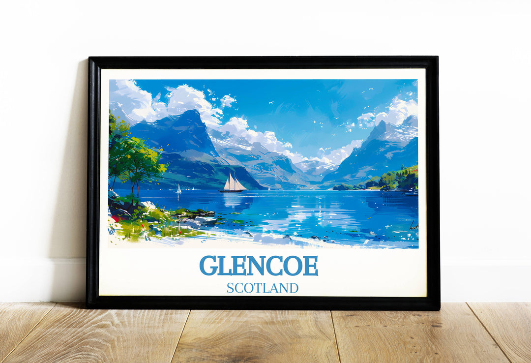 Captivating Glencoe Travel Print capturing the wild beauty of Scotlands Highlands, perfect for adding a touch of adventure to any room.