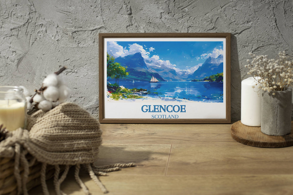 Breathtaking Scottish Highlands artwork, showcasing Glencoes majestic landscapes and serene lochs, ideal for nature lovers decor.