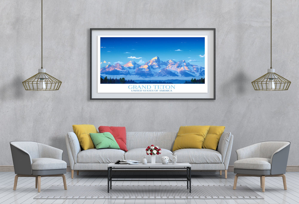 Panoramic landscape of Grand Teton National Park, featuring the iconic Grand Teton Peak rising majestically above the serene valley, captured in stunning detail on canvas art.