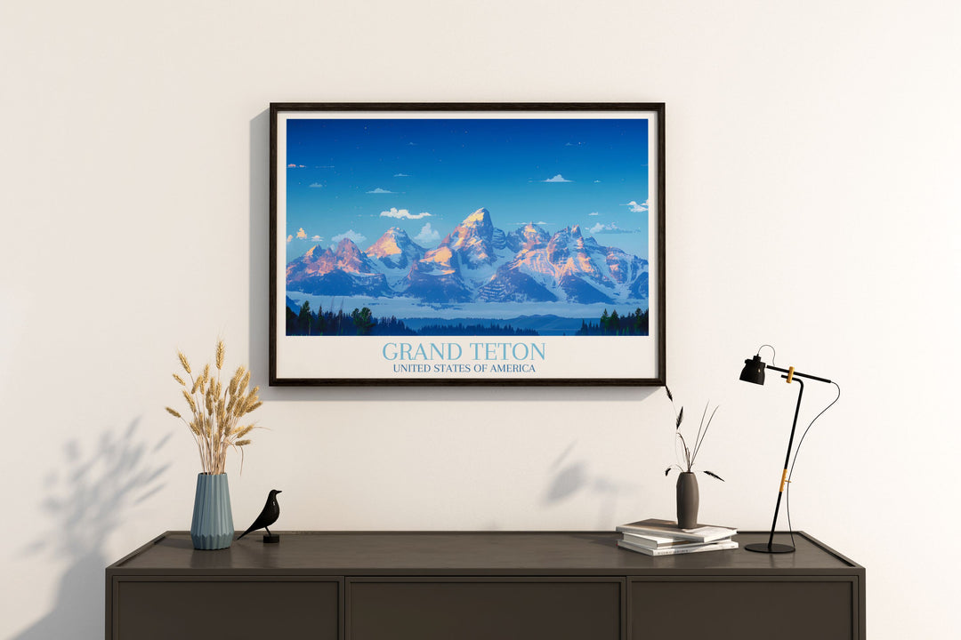 Detailed view of Grand Teton Peak amidst a vibrant sunset, showcasing the dramatic silhouettes of rugged mountains against a fiery sky, perfect for wall art in any nature enthusiasts home.