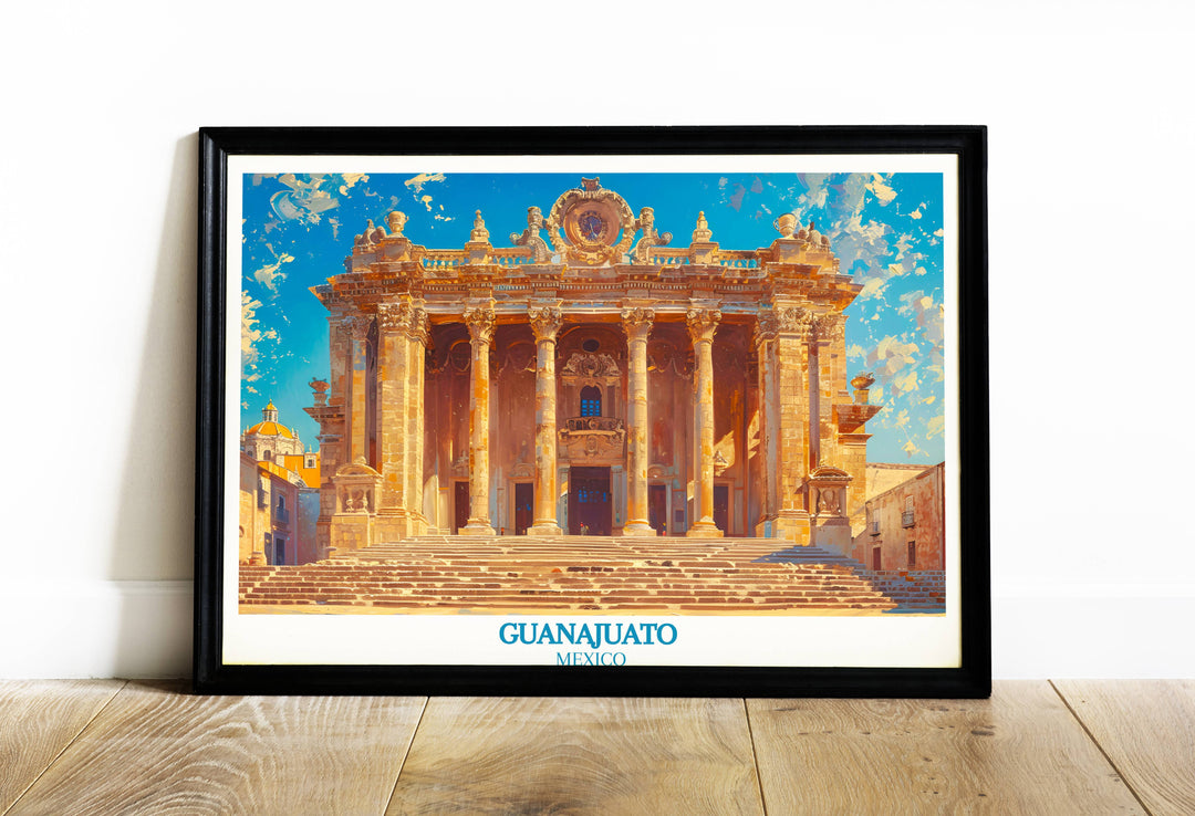 Vibrant art print of Juarez Theater, showcasing its neoclassical facade against Guanajuatos blue sky, embodying Mexican architectural grandeur.