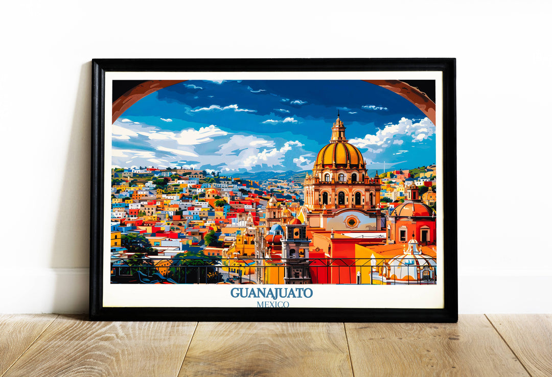Vibrant Guanajuato print capturing the colorful facades of historic buildings under a bright blue sky, reflecting the citys lively culture.