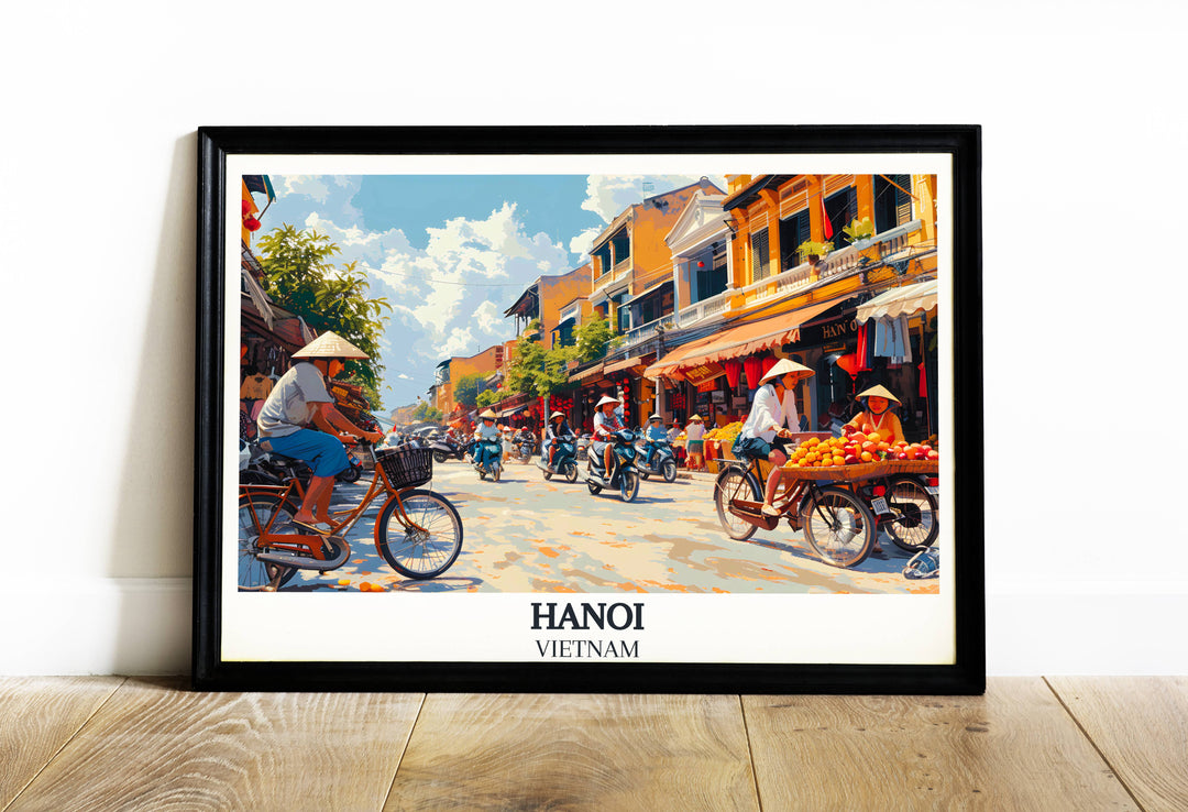 Travel poster showcasing the vibrant heart of Hanois Old Quarter, a perfect blend of history and modernity captured in art.