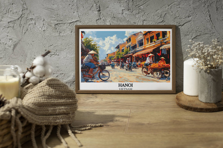 Intricate wall art of Hanoi street life, where traditional markets buzz against a backdrop of historic architecture.